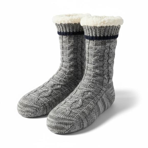 Sherpa Lined Knit Winter Slipper Socks – Blue & White - Picture 1 of 2